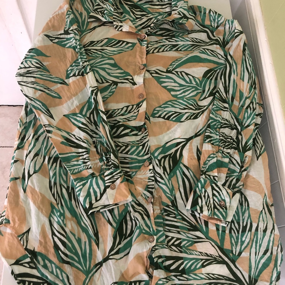 Blue Island 100% Cotton Green & Beige Tropical Leaf Button Down Tunic Shirt L